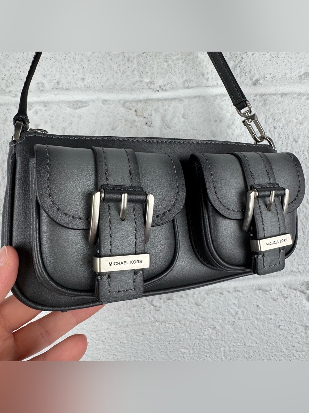 Michael Kors Black Leather Pocket Baguette Shoulder Bag Y2K Cargo Mini Purse - Picture 4 of 9